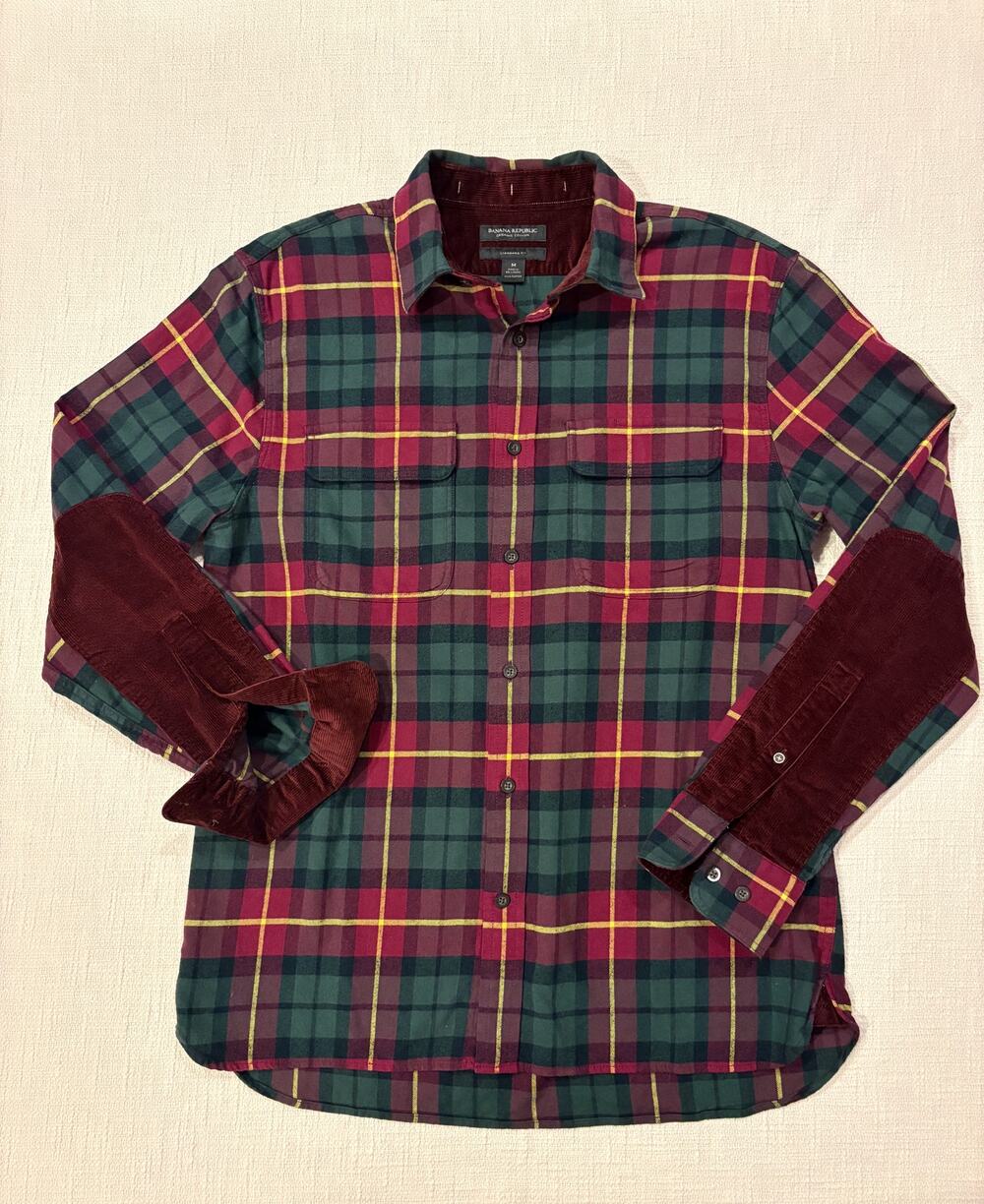 Banana Republic Men's M Organic Cotton Plaid Shirt Corduroy Elbow Patch